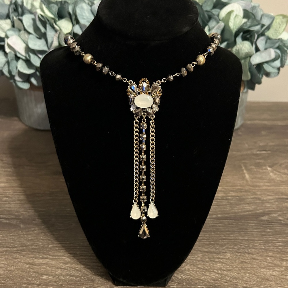 Long Gold and Black Dangle Gem Necklace